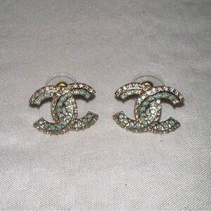 Chanel 19K Gold-tone and Green Crystal Stones CC Logo Stud Earrings